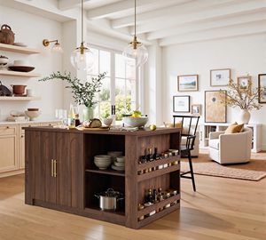 SENYU Mid Century <b>Modern</b> Wooden Kitchen Island with Arched Doors and Open <b>Shelving</b> Storage Cabinet - Product Image 3