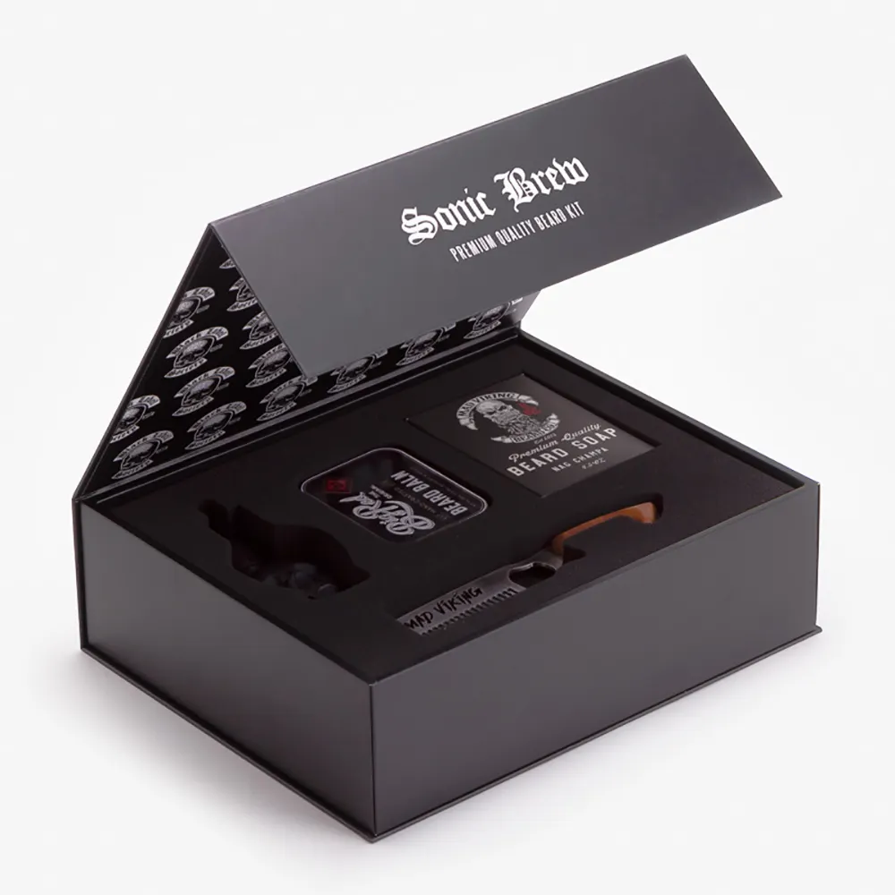Kit de cuidados de papelão preto para fechamento personalizado, caixa de presente com inserção de espuma, em forma de livro