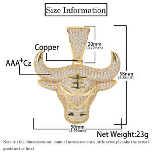Cool Hip Hop cobre 18K chapado en oro joyería moda con incrustaciones de circón CZ cabeza de toro colgante cuerda cadena collar hombres - Product Image 4