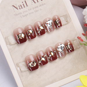 Uñas hechas a mano champán francés diamantes de imitación Año Nuevo arte Ins Hot Wine Red Wearable Nail Tips producto terminado - Product Image 2