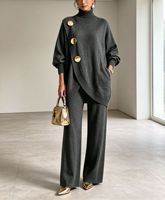 Ensemble deux pièces tricoté pour femme, style européen et américain, collection Automne/Hiver 2026, avec pull à col roulé et pantalon ample au niveau des genoux, élégant