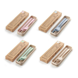 Eco friendly colorful school plastic cutlery set biodegradable wheat straw spoon fork knife with camping box