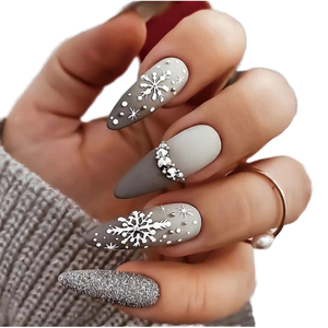 Ensemble de 24 <span class=keywords><strong>ongles</strong></span> de Noël en acrylique 3D pour femmes, avec motif de flocon de neige en amande française et strass - Product Image 1