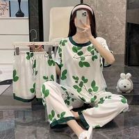 Pyjama d'été pour femmes, ensemble 3 pièces, pantalon à manches courtes, vêtements de maison, pyjama décontracté à motifs de dessins animés, pyjama en soie de lait douce et fraîche