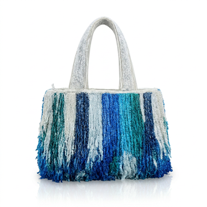 Bolso Tote de Tela a Rayas, Bolso de Hombro Casual Hecho a Mano, Diseño con Flecos Azules y Blancos, para Uso Diario - Product Image 1