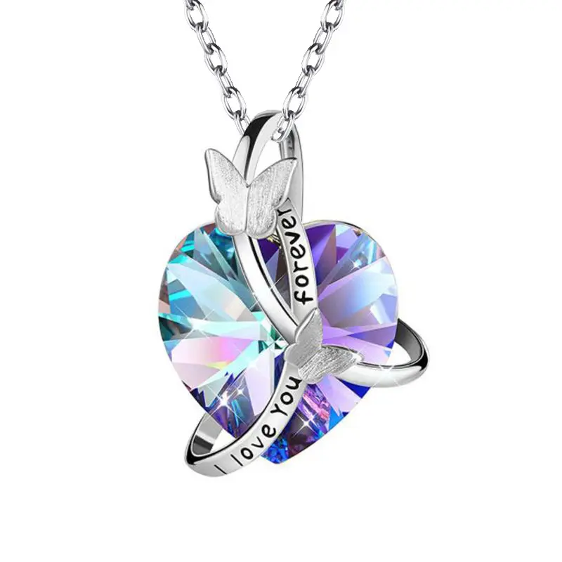 18 Inch Factory Supply Butterfly I Love You Forever Crystal Heart Necklace For Women Jewelry Gift