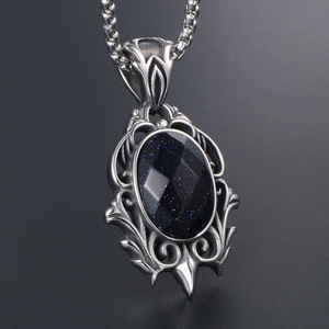 Colgante de estilo chino retro en forma de lágrima de acero de titanio con brillo azul, joyería con engaste de bisel solitario SP445 - Product Image 2