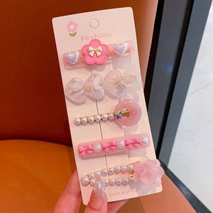 थोक कार्टून प्यारा दिल के आकार का फूल गुलाबी बाल क्लिप बच्चों के बालों के लिए मोती बालों के सामान के साथ सेट - Product Image 4