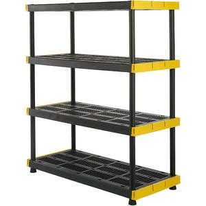Black and yellow 4-tier heavy-duty <b>plastic</b> storage rack, suitable for garages and basements, with a modular design - Product Image 1