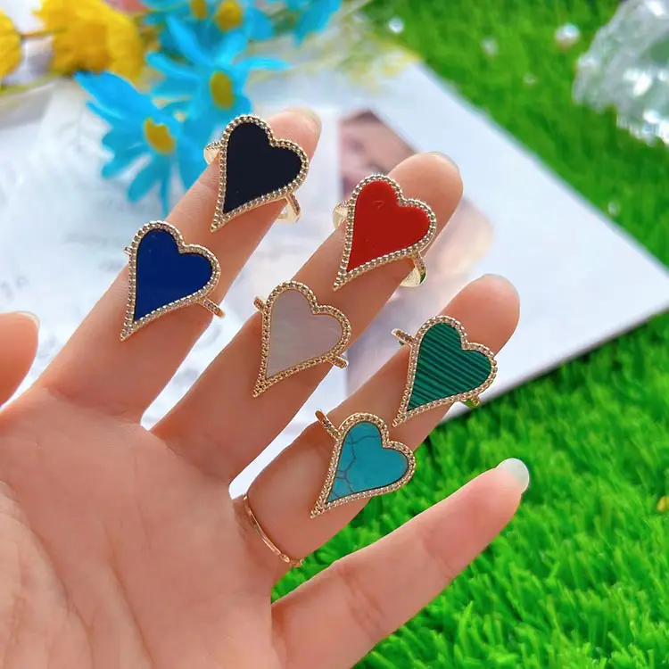 RM1407 18K Gold Plated CZ Paved Malachite Turquoise White Shell Black Onyx Red Gemstone Stone Heart Statement Rings for Women