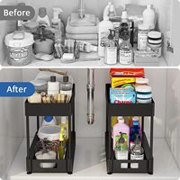 Étagère de rangement de cuisine en plastique, étagère de rangement coulissante pour armoire, organisateur sous l'évier à 2 niveaux avec panier coulissant