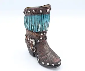 Cowboy Boot Match Holder Small Western Rustic Blue Fringe Tassels Hand Tooled Flowers Silver Nails Cowboy Cowgirl Boot Vase Pen