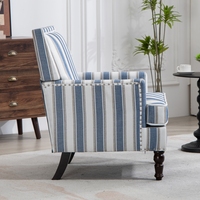 Fauteuil d'appoint rayé bleu et blanc, rembourré, avec garniture cloutée et pieds en bois, pour salon et chambre à coucher