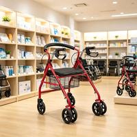 Nouvelle Arrivée Déambulateur à Roulettes Rouge pour Hôpital avec Cadre en Acier, Conception Pliable, Siège Rembourré, Panier de Rangement, 6 Roues, Aide à la Marche