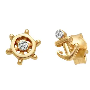 Perhiasan Permata Modis Minimalis 925 Perak Murni 14K Emas Zirkon Roda Kemudi Jangkar Anting Giwang Geometris