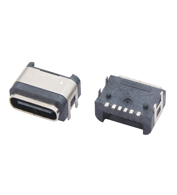 Type C 6 Pin Female Waterproof USB Connector 3A Rated LCP Material Horizontal SMT Mounting with Ring Design