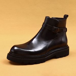 Bottes d'hiver de style britannique haut de gamme, confortables, en cuir véritable, type Chukka, pour hommes d'affaires, noires, à bout Chelsea, à enfiler - Product Image 5