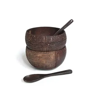 Minimal pesanan alami coco mangkuk smoothie mangkuk salad kayu dipoles set kelapa buatan tangan unik