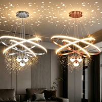 Lustre LED Anneau Doré Français 50W avec Projection Ciel Étoilé et Lune, Hauteur Réglable, Suspension 110V 3CCT 30/40/60cm pour Salon