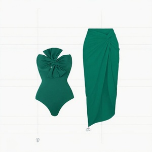 Custom Fashion Solid High Cut Swimdress 2 Piece Set Women Swimwear with <b>Sarong</b> Cover up - Product Image 1