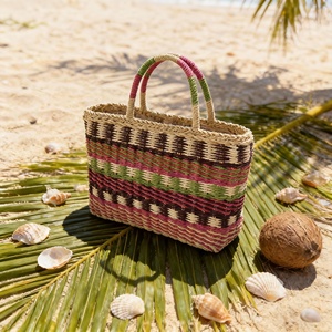 Bolso de mano de paja tejido a mano para mujer, colorido, a rayas, estilo bohemio, para playa, con asas, ecológico, tipo cesta, artesanal, para el hombro - Product Image 4