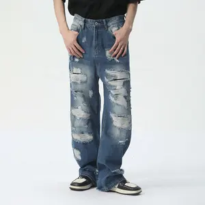Gdtex hip hop tùy chỉnh thiết kế thời trang dạo phố baggy đau khổ thẳng phù hợp với quần jean lỏng người đàn ông