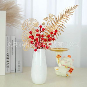กระเช้าผลไม้ประดิษฐ์สีแดงพร้อมใบไม้สีทอง ของตกแต่งพลาสติกสำหรับบ้าน งานแต่งงาน งานขึ้นบ้านใหม่ - Product Image 2