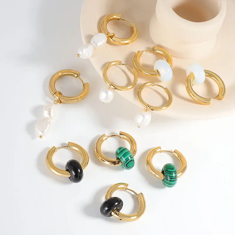 MICCI Hoop Earrings Sets With Charm 18K Gold Plated Stainless Steel Pearl Pink Jade Stone Huggies Hoop Earrings for Women Trendy
