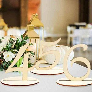Números de mesa de madera cortados con láser en color madera natural con base para decoración de bodas y fiestas, elegantes tarjetas de lugar de estilo europeo para bricolaje. - Product Image 1