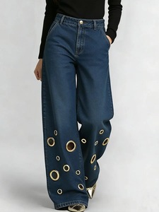 Jean droit en denim taille mi-haute avec découpes boutonnées, coupe régulière, longueur intégrale, style streetwear, pantalon respirant et tendance pour femme, idéal pour l'été - Product Image 1