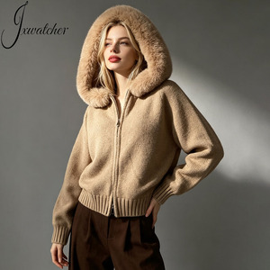 Manteau Court Hiver Tricot en <span class=keywords><strong>Laine</strong></span> Slim pour Femmes, Veste à Capuche Chaude à Manches Bouffantes, <span class=keywords><strong>Cardigan</strong></span> Doux avec Col en Fausse Fourrure - Product Image 5