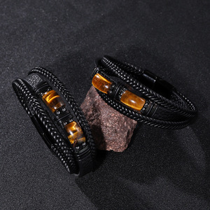 สร้อยข้อมือหนังสไตล์เรโทรสำหรับผู้ชาย ประดับด้วยหินไทเกอร์อาย ดีไซน์เรขาคณิตจากสแตนเลส ของขวัญเครื่องประดับ ขนาด 7.5 8.5 9 นิ้ว - Product Image 1