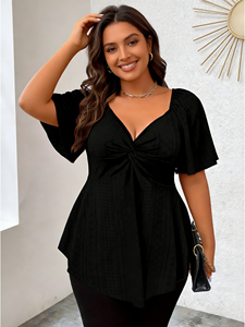 Blusa Peplum Joyinspring Talla Grande Negra con Cuello en V, Detalle Trenzado Frontal, Manga con Volantes y Bordado de Ojales - Product Image 1