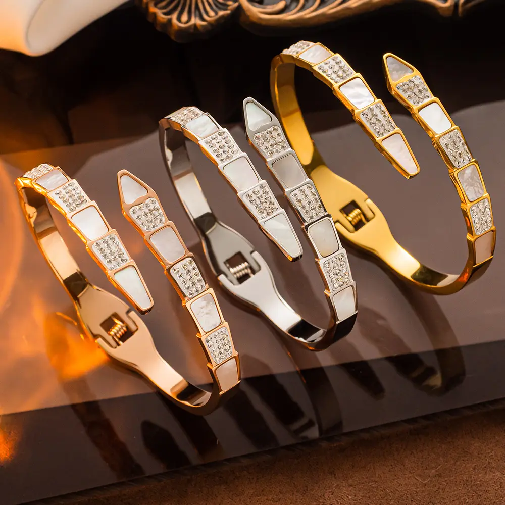 Gelang dan gelang ular geometris wanita, perhiasan gelang berlapis emas 18K stainless steel