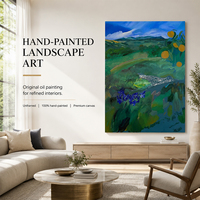 Weide Iris Tuin Landschap Olieverfschilderij Rolige heuvels Kobaltblauwe lucht Fruitboom Expressief penseelwerk Handgeschilderde canvaskunst