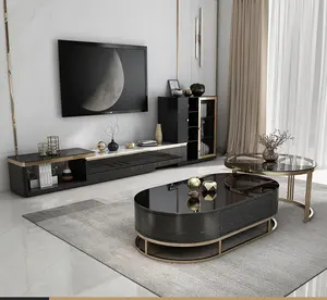 Mesa de centro ajustable redonda negra y dorada, muebles de lujo ligeros, modernos
