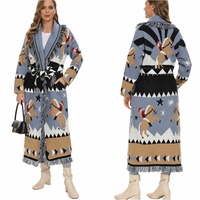 Herbst Winter Bohème Jacquard Strickjacke Damen Vintage Langarm Extra Langer Pullover Mantel