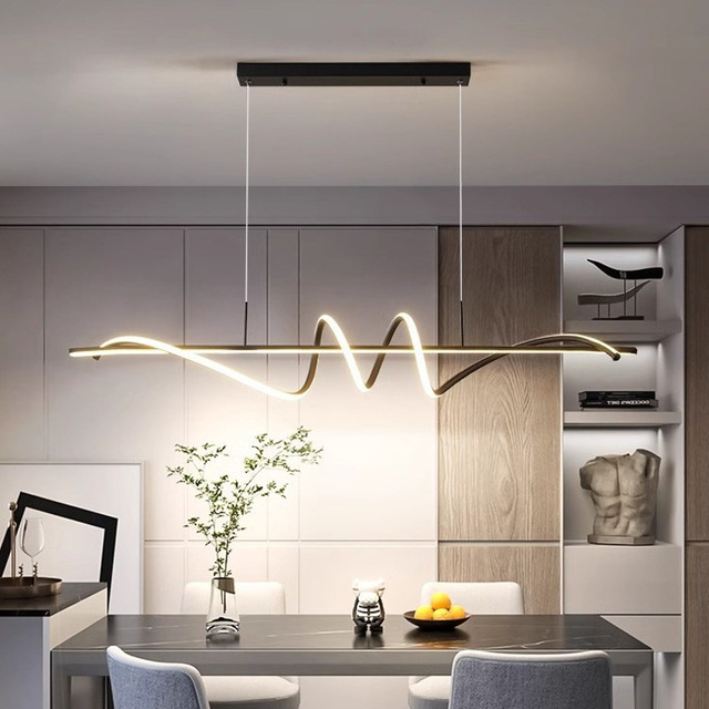 Modern Simple Metal Glass Chandelier Restaurant Long Hanging Lamp Dining Table Kitchen Linear Wave Led Modern Pendant Lighting