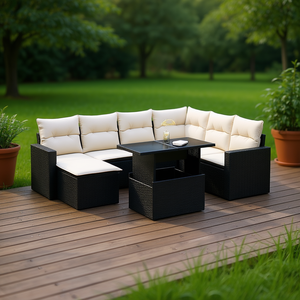 Ensemble de canapés de jardin en rotin noir avec coussins crème, mobilier d'extérieur au design contemporain, résistant à l'eau et aux UV, en rotin PE - Product Image 2