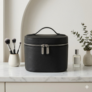 Cylindrical Black Letter Pattern Eco-Friendly Water Resistant Luxury Leather Makeup <b>Case</b> Professional Beauty Storage Box Silver - Product Image 1