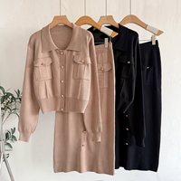 Ensemble 2 pièces pour femmes, haute couture, couleur unie, manches longues, tricot côtelé en laine/cachemire, pull décontracté d'hiver, bouton, nouveau, automne