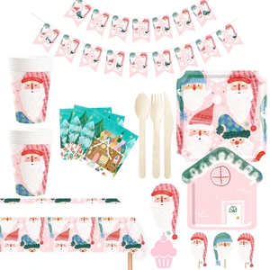 DAMAI Christmas Santa Claus Snowman Pink Disposable Paper Dinner Plates Dessert Plates and Napkins for Merry Christmas Party - Product Image 2