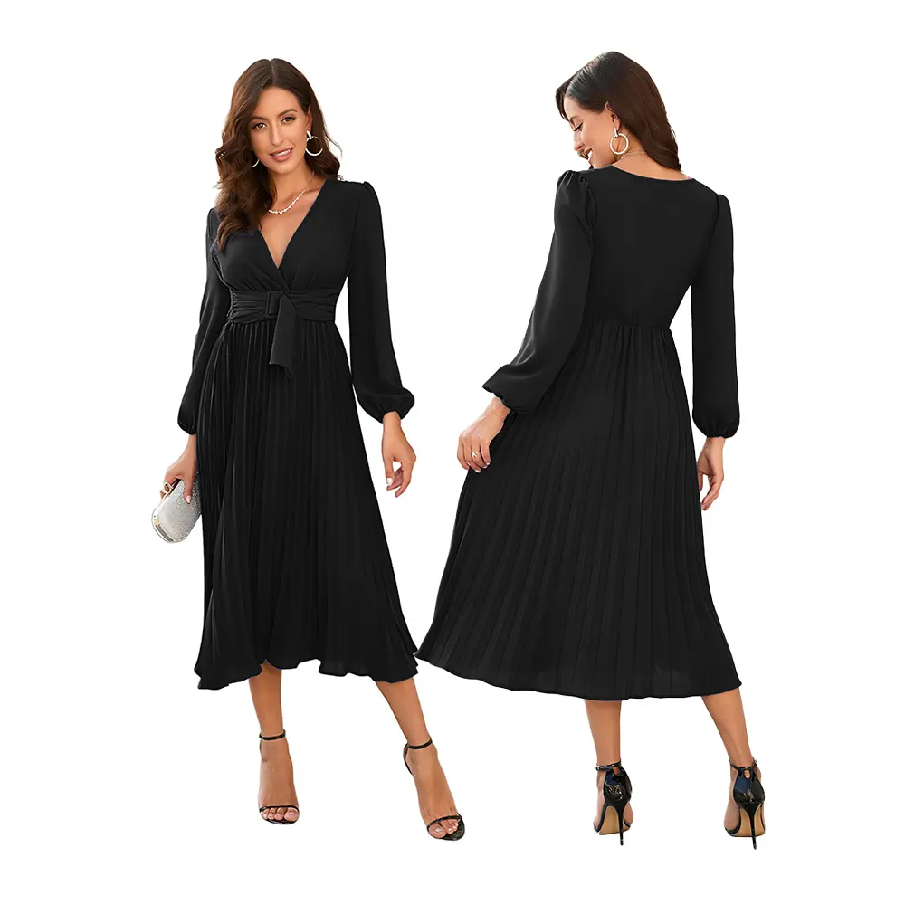 Women Casual Dresses Long Sleeve A Line V Neck Maxi Formal Dress Women's Dresses Black