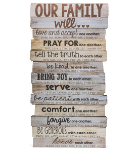 Productos cristianos Nuestra familia se amará unos a otros Paleta apilada rústica Placa de pared de madera - Product Image 1