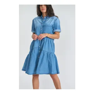 Summer New European and American Style Women's Solid Color Lapel Collar Panel Denim Dress Fashion Casual Style Dress