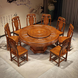 Juego de Mesa de Comedor Redonda de Madera Maciza Estilo Chino con Plato Giratorio, 6 Piezas, Color Palisandro, Muebles para Comedor - Product Image 2