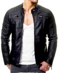 Chaqueta de Motociclista al por Mayor para Hombre, de Cuero PU, Ajustada, Estilo Café Racer, con Cuello Alto, Hombros Acolchados y Bolsillos con Cremallera, Ropa Urbana para Moto - Product Image 1