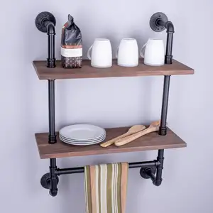 2-Tier Wall Mounted Floating Water Pipe Shelves Vintage Industrial Pipe Wall Shelf