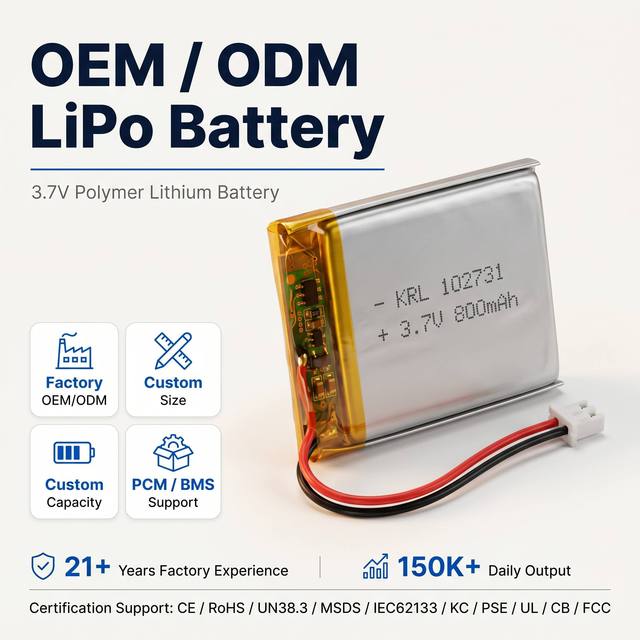 Hot Selling 3.7V 800mAh Rechargeable Lithium Polymer Battery 102731 with KC CE Certification Pouch Lithium Ion Batteries