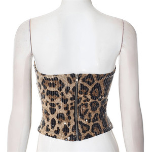 Women's Sexy Shiny <strong>Sequins</strong> Leopard Strapless Tank Vest Slim Sleeveless <strong>Crop</strong> <strong>Tops</strong> Back Zipper Summer Knitted Glitter Camis - Product Image 5